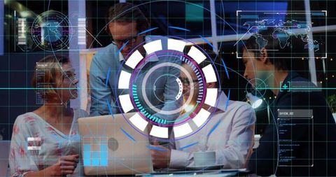 Business Team Collaborating with Futuristic Augmented Reality HUD and Data Visualization