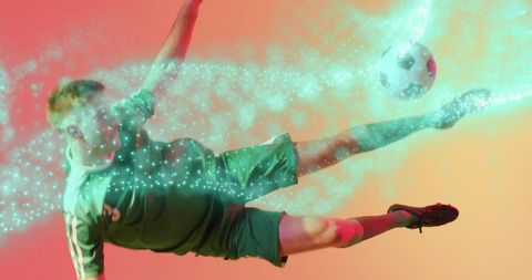 Dynamic soccer player celebrating goal with digital effects