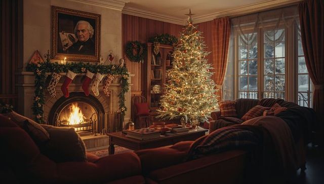 Cozy Christmas Living Room with Glowing Tree and Fireplace