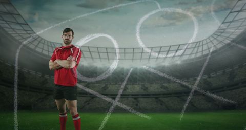 Confident Rugby Player with Sketched Game Plan in Stadium