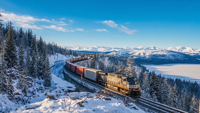Freight train winding through snow-covered mountain pass with frozen lake and conifers