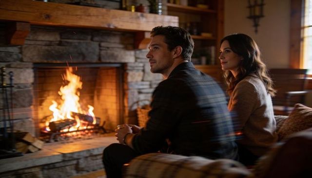 Couple relaxing by rustic stone fireplace, cozy hearthside evening with warm glow