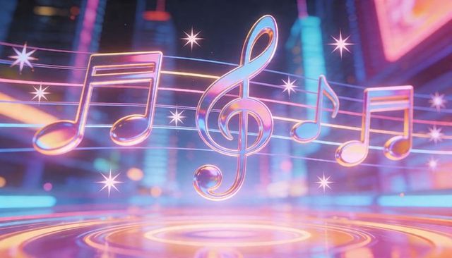 Iridescent neon music notes floating over futuristic stage with holographic treble clef