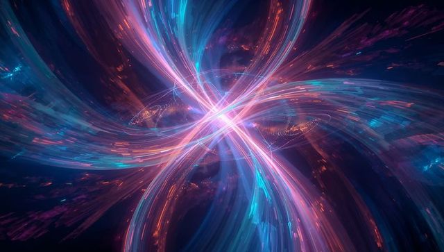 Swirling neon vortex crossing magenta cyan ribbons around luminous central energy core