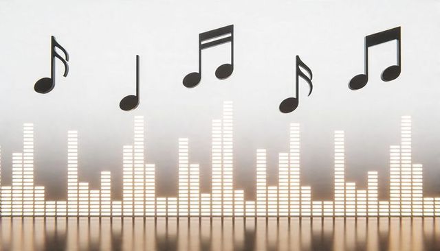 Glowing led equalizer bars with floating black musical notes reflecting on glossy surface