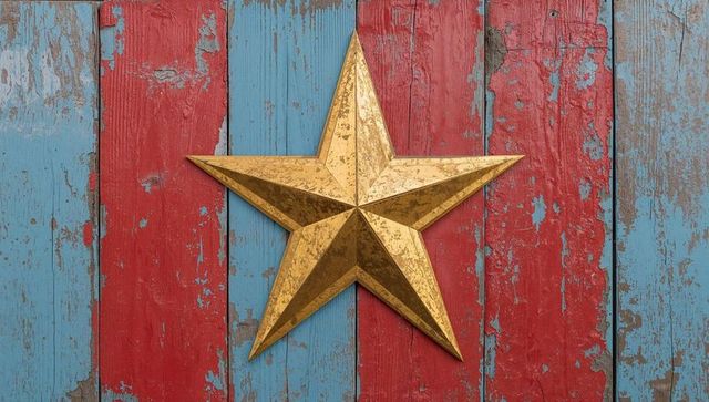 Golden star on weathered wooden plank wall with peeling paint