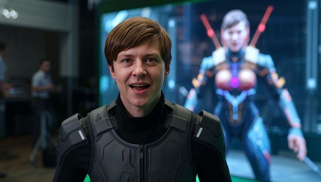 Female performer in futuristic black exosuit speaking to camera with led avatar screen