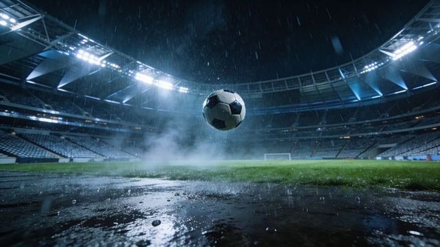 Soccer ball hovering above rain-soaked pitch, dramatic stadium floodlights at night