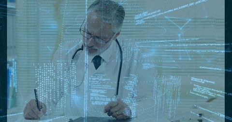 Senior physician writing patient notes with holographic medical data overlay and digital analytics