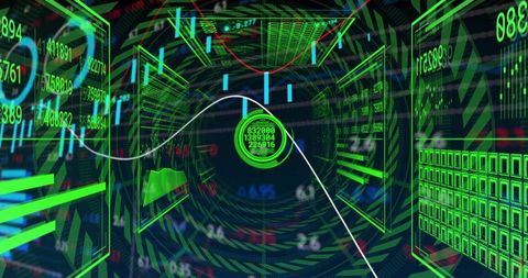 Futuristic Data Tunnel with Glowing Interface and Visual Charts
