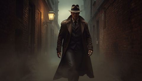 Detective walking through foggy alley in trench coat and fedora