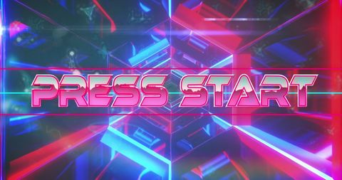 Neon press start text with sci-fi tunnel vibes