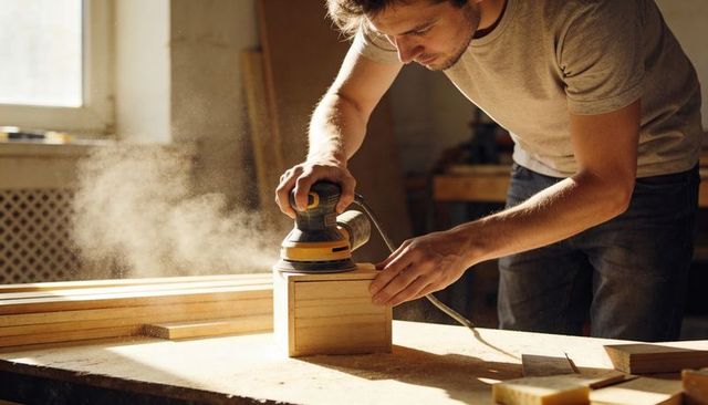 Carpenter sanding wooden box with orbital sander on sunlit workbench, sawdust cloud