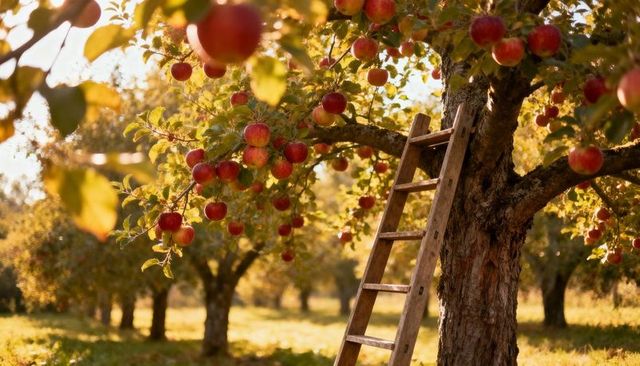 Sunlit Apple Orchard with Rustic Ladder, Ripe Red Apples and Warm Golden-Hour Light
