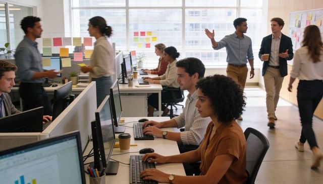 Open-plan team typing at computers with sticky notes, collaboration and daylight