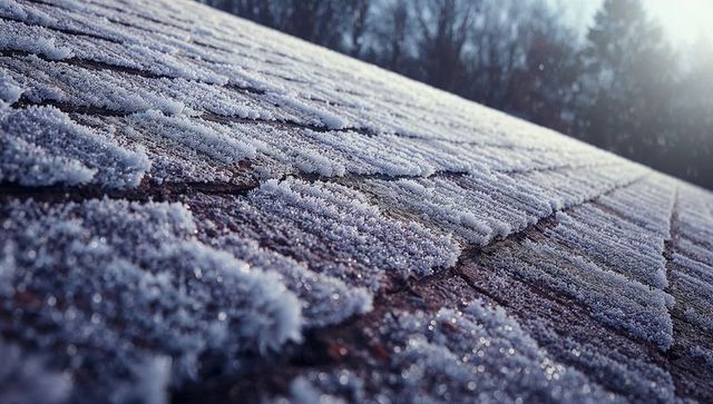 Close-Up of Frost on Roof Shingles in Early Morning Light