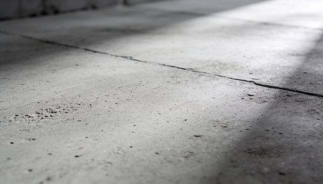 Sunlit concrete slab revealing seam and granular texture with dust, grit, and long shadows
