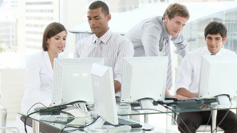 Diverse Business Team Collaborating on Computers in Modern Office