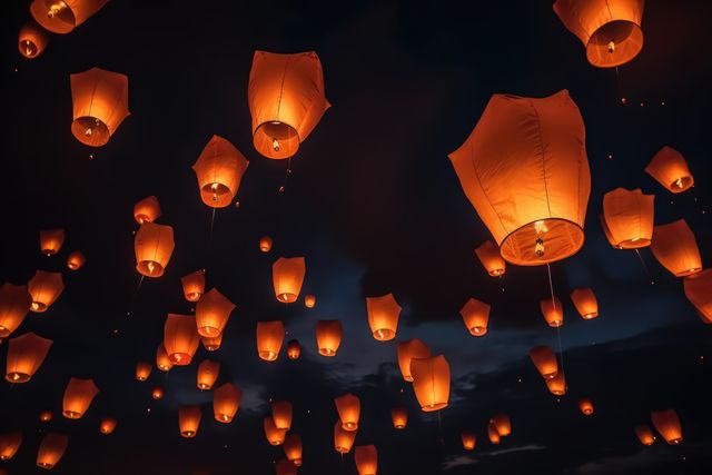 Multiple lighted chinese lanterns over sky with clouds created using generative ai technology. Chinese tradition, celebration and light concept digitally generated image.