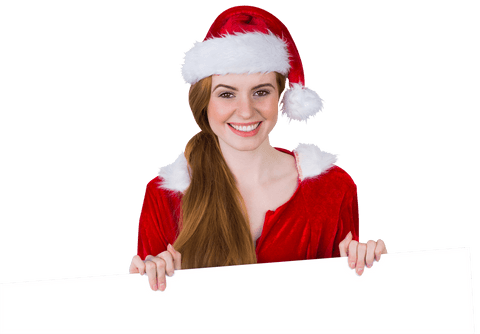 Cheerful woman in santa costume with blank transparent card