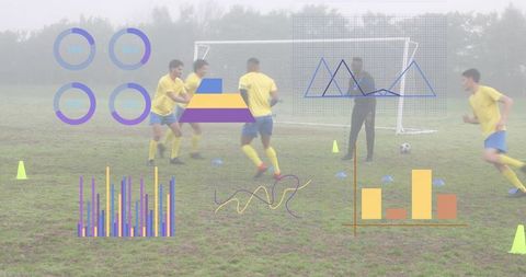 Soccer team training with performance analytics overlay on misty outdoor grass field