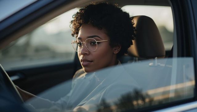 Professional woman driving at sunset wearing round glasses and light jacket, car interior portrait