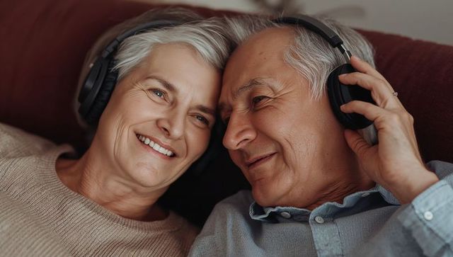 Senior couple sharing headphones and smiling while relaxing together on sofa