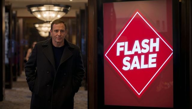 Man observing flash sale sign in elegantly decorated corridor