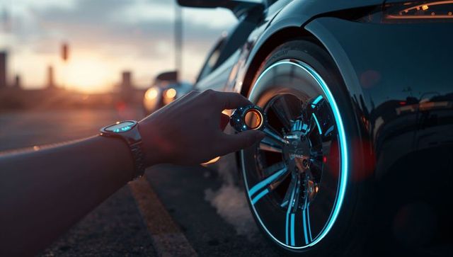 Activating Futuristic Car with Smartwatch at Dusk