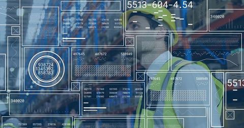 Warehouse worker surrounded by digital data visualizations