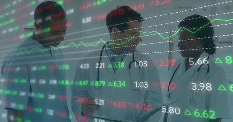 Medical Professionals Engaging in Analytical Review with Stock Ticker Overlay