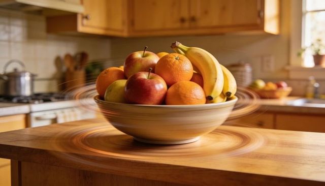 Ceramic bowl overflowing with apples oranges and bananas spinning on wooden kitchen island