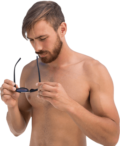 this digitally isolated image of a shirtless caucasian man holding sunglasses offers a clean, transparent background, making it an ideal illustration of a summer vibe or vacation theme. its use can be versatile for promoting eyewear, summer sales, or holiday branding. the transparent background allows direct placement over various designs without the need for editing.