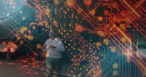 Female runner jogging through underpass tracking fitness with circuit-style data overlay