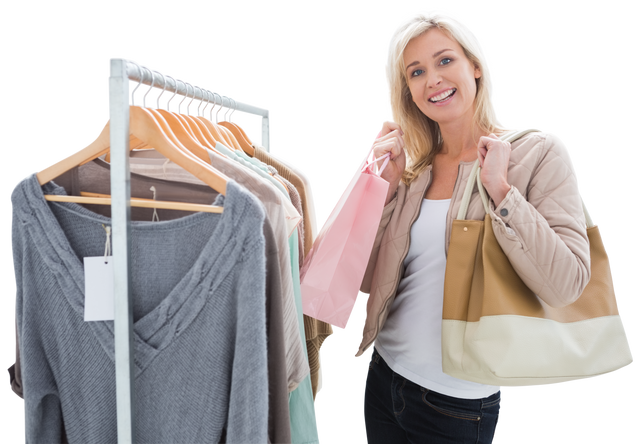 Transparent happy woman shopping holding bags with clothing rack - Download Free Stock Videos Pikwizard.com