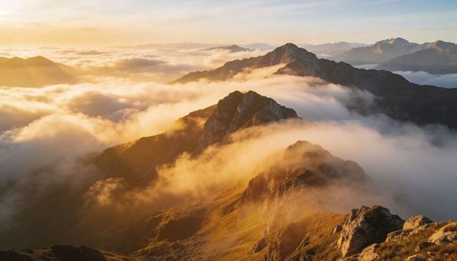 Sunlit Alpine Ridge Piercing Sea of Clouds at Sunrise, Dramatic Mountain Summit Panorama