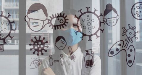 Asian Woman with Mask Behind Glass Partition Amid Pandemic in Urban Environment