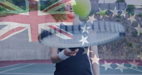 Female tennis player in action with blended u.k. And eu flags