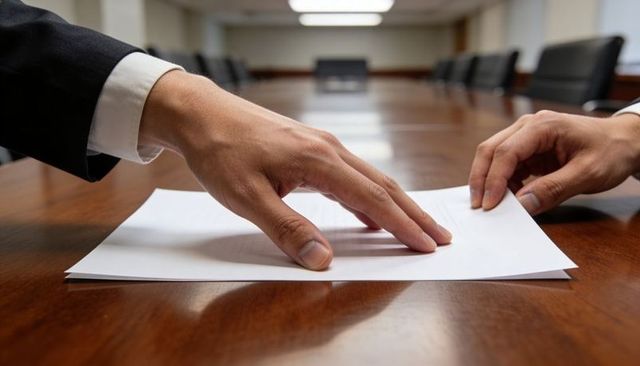 Executive hands arranging contract papers on boardroom table during business meeting