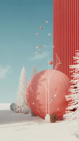 Vertical holiday video with colorful baubles drifting upward beside red wall in snowy scene