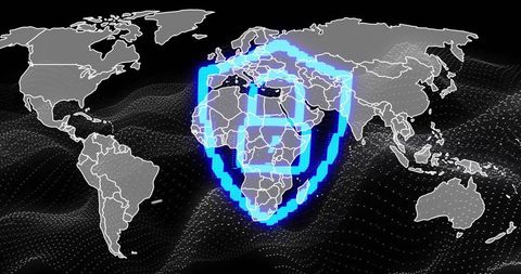 Glowing Pixelated Shield Over World Map Displaying Cybersecurity Concept