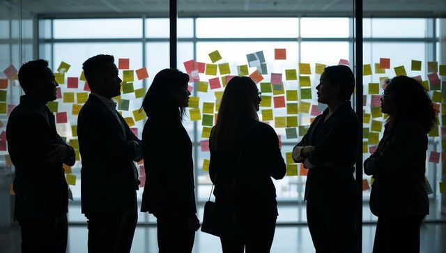 Team of professionals brainstorming in modern office silhouette