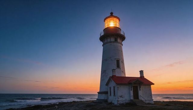 Lighthouse beacon glowing at sunset over rocky shoreline with red-roof keeper cottage