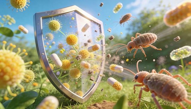 Repelling shield deflecting pollen, capsule beads and mites in meadow, allergy protection
