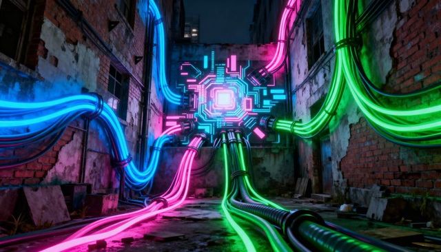 Neon circuit hub feeding glowing cyan, magenta and green conduits through cyberpunk alley