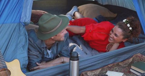 Young Couple Connecting During Camping Adventure Cozy Inside Tent