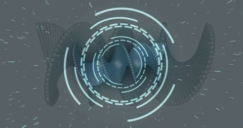 Cyan hud rings rotating around helical beaded ribbon, futuristic tech interface