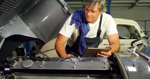 Caucasian man examines a classic car engine, with copy space. Skilled mechanic uses a tablet to diagnose issues in an automotive workshop.