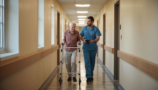 Nurse assisting senior with wheeled walker in care facility corridor holding tablet