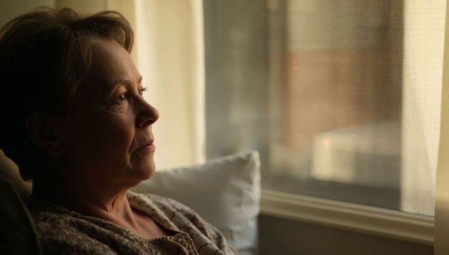 Contemplative senior woman gazing through sunlit window leaning on sofa, warm interior